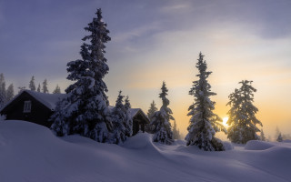 Snowy landscape cabin dusk mountains - dawn free wallpaper