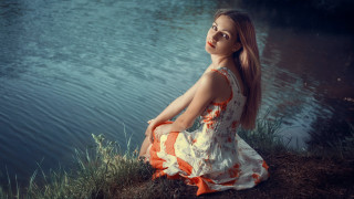 Woman lake dress orange white - a dress free wallpaper