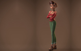 Woman red shirt green pants - a brown wall free wallpaper