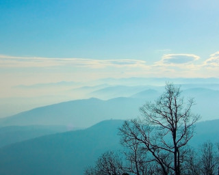 Mountain range trees clouds sunset 2 - gradient light blue free wallpaper