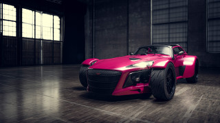 Pink sports car garage open - a wooden floor in front free wallpaper