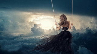 Woman black dress swing clouds - surreal free wallpaper