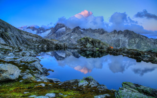 Mountain lake rocks grass clouds 2 - rock and grass free wallpaper