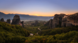 Scenic valley mountains sunset village - constantine andreou free wallpaper