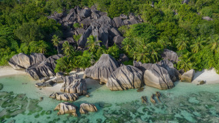 Aerial beach rocks trees water - the background and water free wallpaper
