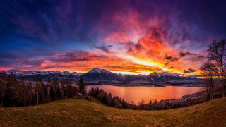Sunset lake mountains colorful sky - cloud and trees free wallpaper