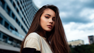 Woman longhair building sky portrait 2 - aestheticism free wallpaper for desktop