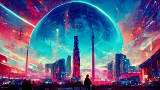 Futuristic city night blue planet - dystopian art free wallpaper