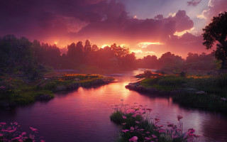 Sunset river flowers forest mountain - bob ross free wallpaper