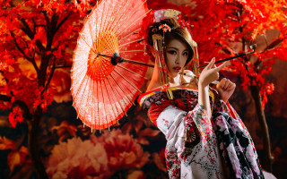 Woman kimono red umbrella autumn - red leaf free wallpaper