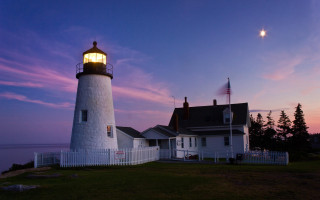 Lighthouse dusk ocean moon cityscape - a full moon in the sky above free wallpaper