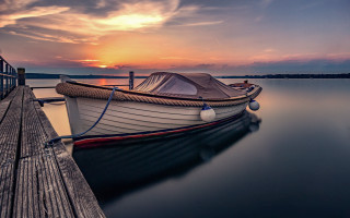 Docked boat sunset beach photorealistic - the dock free wallpaper