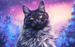 Black cat yellow eyes purple - snow flake free wallpaper
