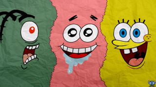 Cartoon characters torn background paper - happy free wallpaper