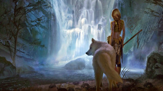 Woman dog waterfall fantasy anne - free fantasy wallpaper for desktop