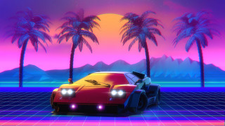 Car virtual landscape palm mountains - outrun free wallpaper for desktop
