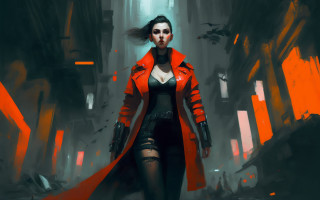 Woman red coat cyberpunk fantasy - art greg rutkowski free wallpaper