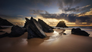 Beach rocks water sunset cloudy 3 - the cloud free wallpaper for desktop