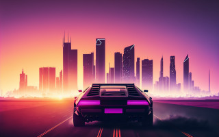 Neon pink sunset cityscape retrofuturism - a road in front free wallpaper