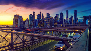City skyline bridge cars sunset - cityscape free wallpaper