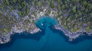 Boat forest water rocks aerial - aerial free wallpaper for desktop