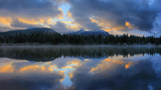 Lake mountain forest sky sunset - widescreen free wallpaper