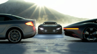 Cars parking lot mountains sunshine - photorealistic lighting free wallpaper