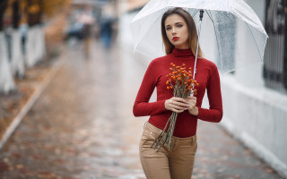Woman umbrella flowers rain city - pants free wallpaper