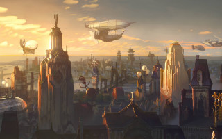 Cityscape airship tower sunset architecture - a painting of a city free wallpaper