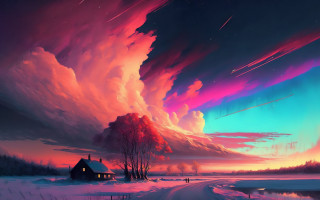Colorful sky house road snow - alena aenami free wallpaper for desktop