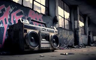 Boombox dilapidated building graffiti broken - analog free wallpaper