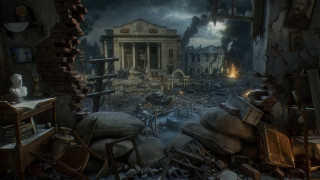 Destroyed building rubble debris man - classical realism free wallpaper