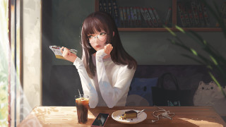 Woman sitting table drink phone - atey ghailan free wallpaper