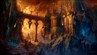 Castle fire bridge mountains city - a painting of a castle free wallpaper