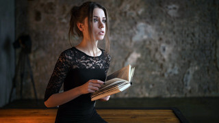 Woman black dress holding book 3 - anka zhuravleva free wallpaper for desktop
