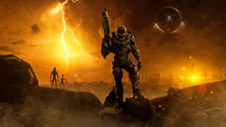 Man robot battle fire dusk - his hand and a man free wallpaper