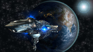 Spaceship blue light planet stars - blue light free wallpaper