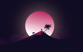 Horse hill sunset palmtree astronomy - outrun free wallpaper