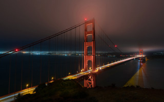 Bridge fog lights longexposure mattepainting - night free wallpaper for desktop