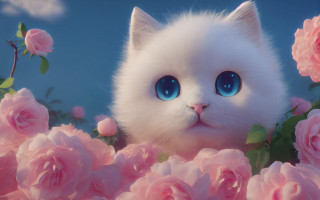 White cat blue eyes pink 3 - pink rose free wallpaper