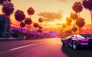 Futuristic car palm trees sunset - outrun free wallpaper for desktop