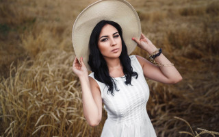 Woman white dress hat wheat - elina karimova free wallpaper for desktop