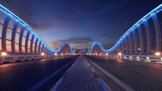 Bridge blue light cityscape mountains - a long bridge free wallpaper