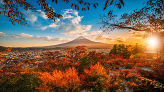 Mountain sunset trees autumn ukiyo - a sunset in the background and trees free wallpaper