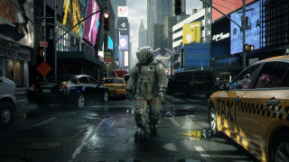 Spacesuit man city street rain - futurism free wallpaper