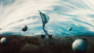 Surreal field flag balls clouds - surrealism free wallpaper for desktop