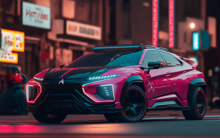 Pink car neon city retro - synthwave style free wallpaper