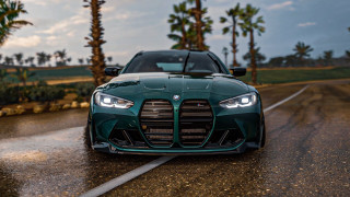 Green sports car palm road - a wet road next free wallpaper