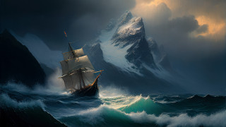 Ship mountain sea cloudy sky - rough free wallpaper