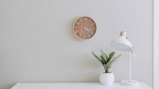 Clock wall white table plant - bright studio setting free wallpaper